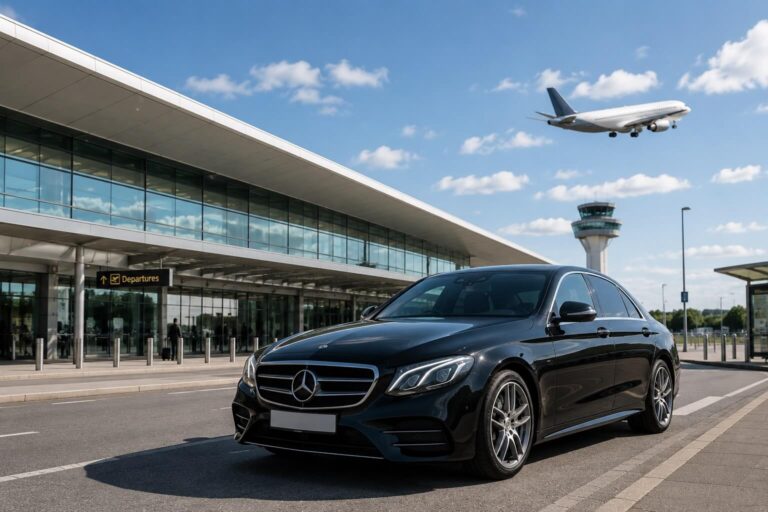 Black private hire car outside airport terminal for Leicester airport transfers