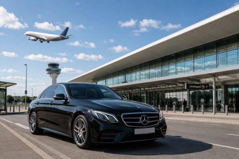 Black private hire car outside airport terminal for Leicester airport transfers