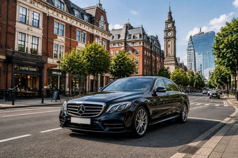 Black private hire car on a city street in Leicester