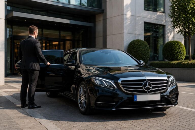 Professional chauffeur opening the door of a luxury private hire car